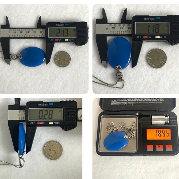 Sterling Silver 925 Oval Blue Chalcedony Quartz Scrollwork Pendant Necklace 20" - Picture 10 of 16